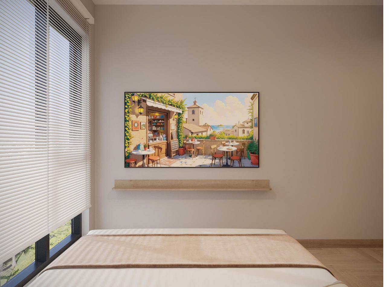 Second bedroom with art above a floating oak ledge and full-height window