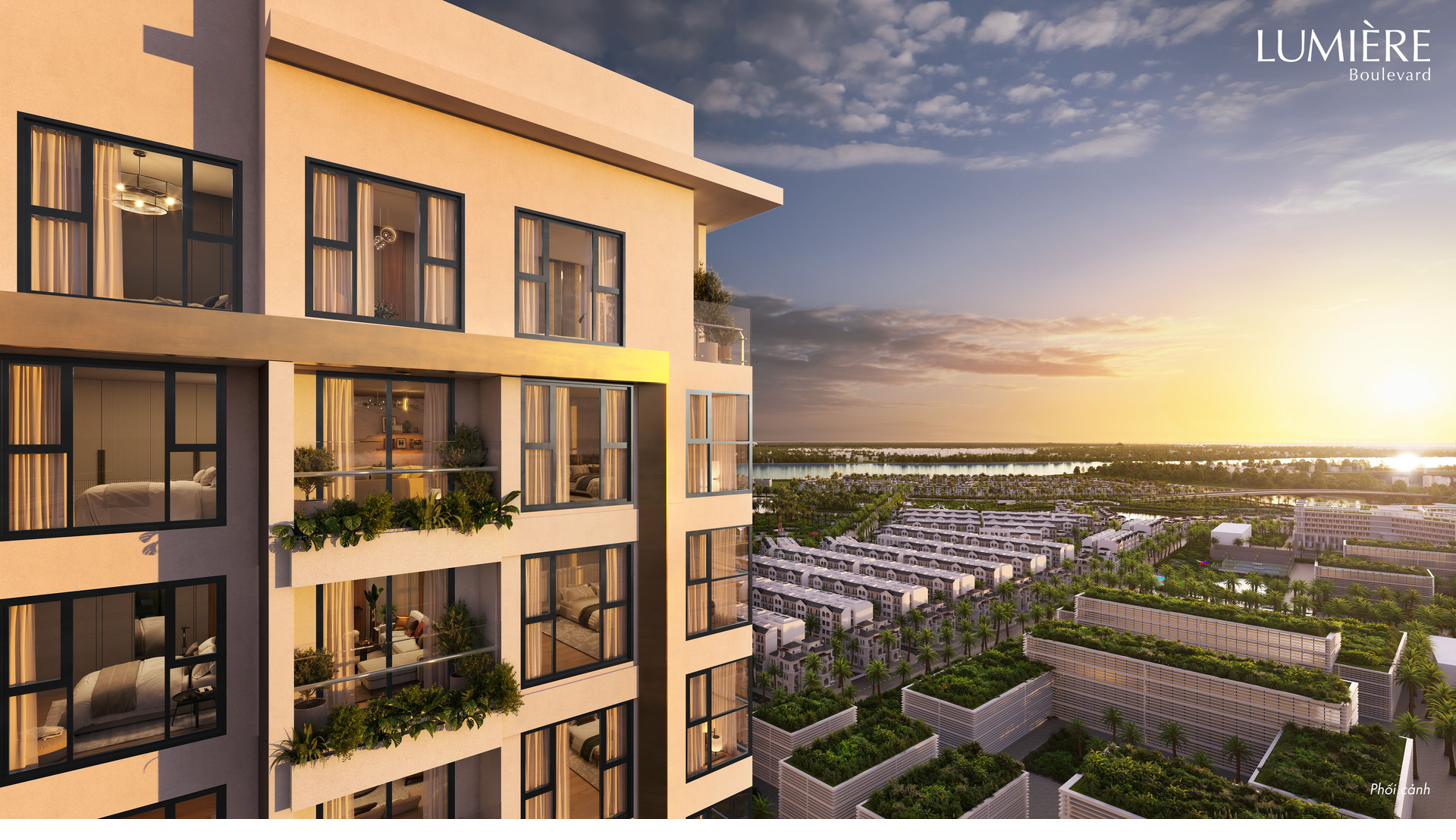 Planted balconies of the residence glowing at sunset over the parkland
