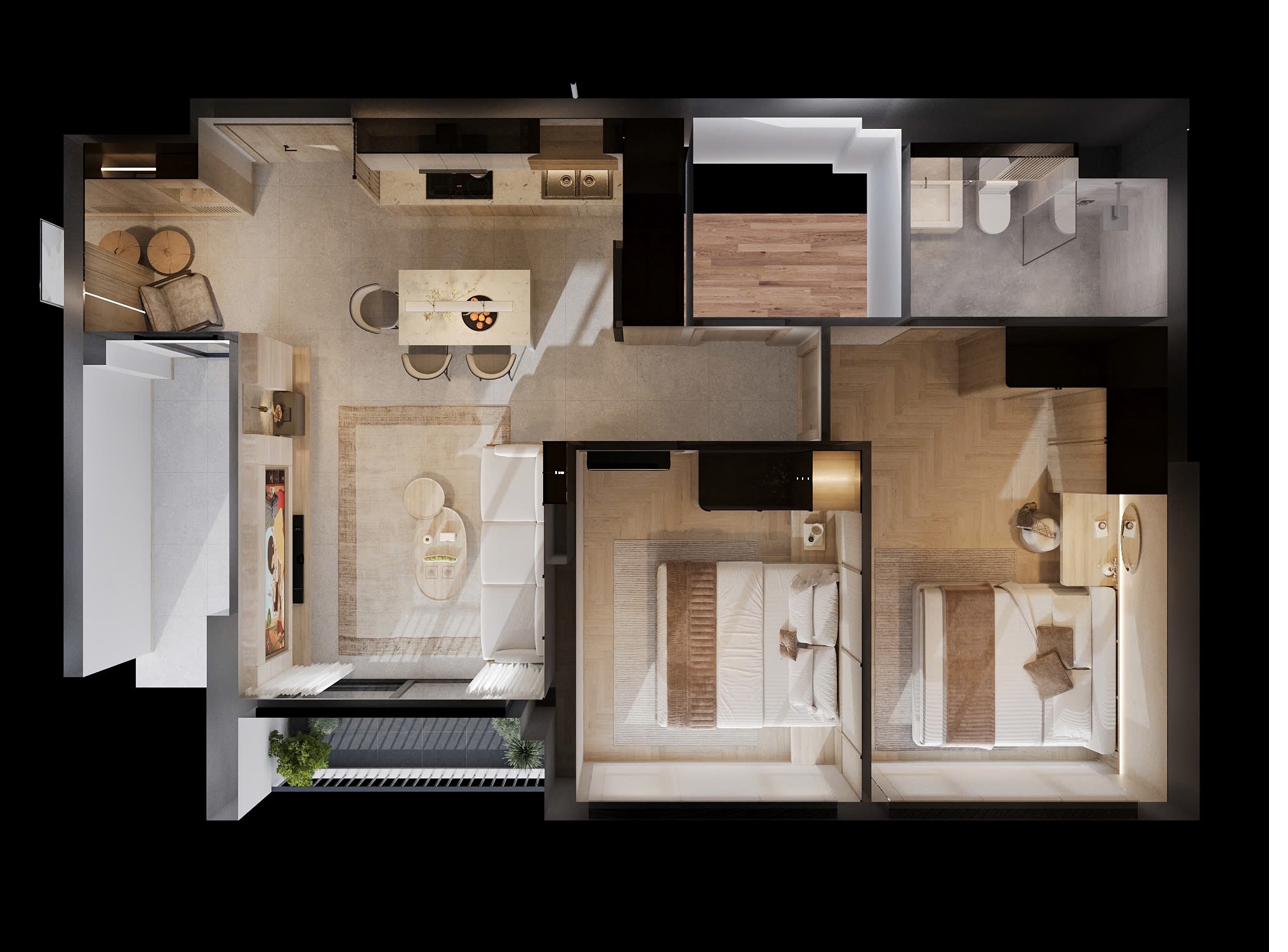 Top-down rendered floor plan of the two-bedroom residence