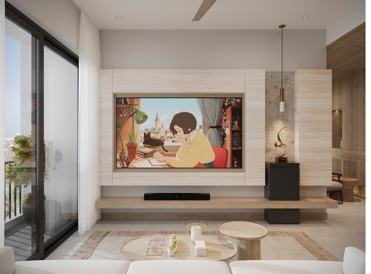 Lounge with travertine media wall, floating oak console and soft seating