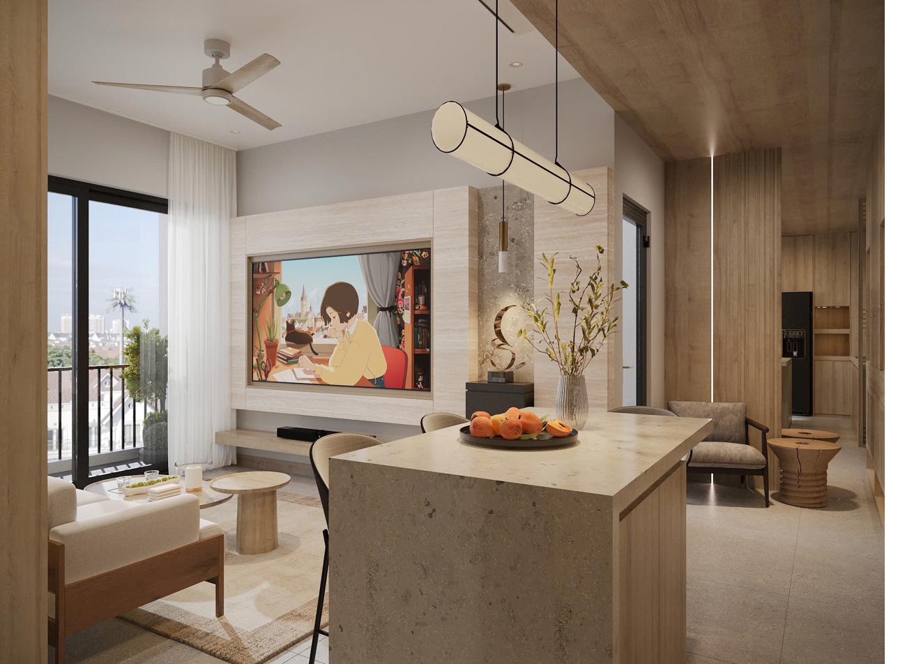 View across the kitchen island toward the lounge and media wall