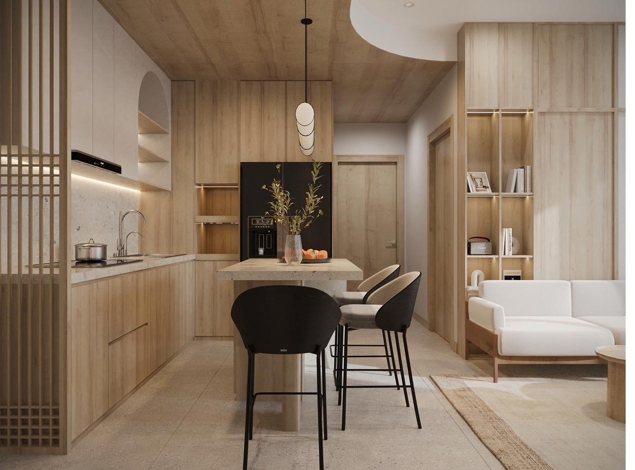 Open-plan residence: kitchen island, dining seats and lounge in oak and travertine