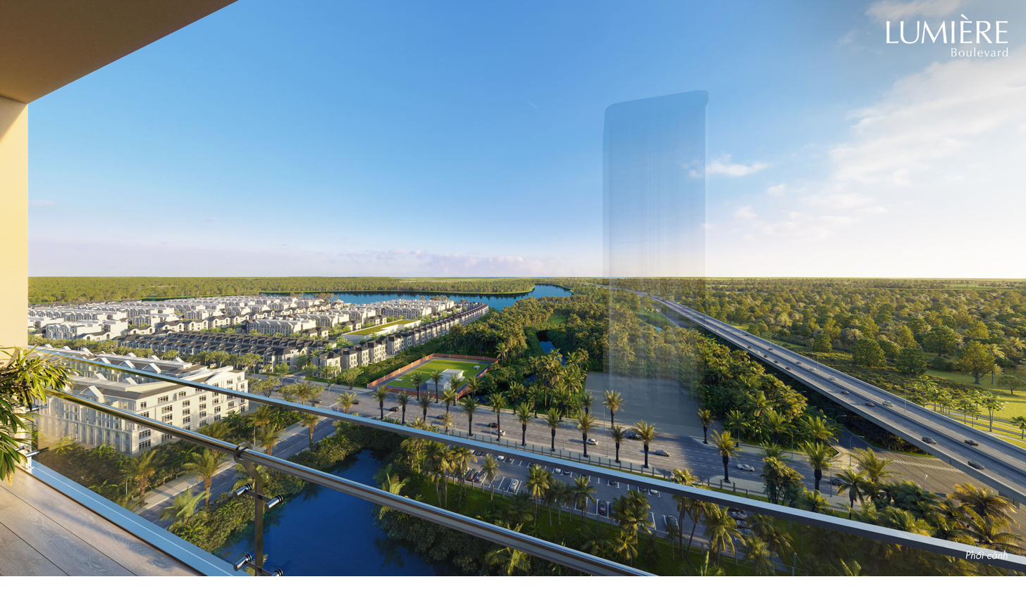 View from the residence over the river, parkland and low villas of Grand Park